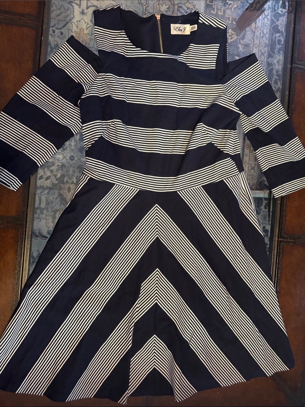 Eliza J Navy & White Striped Cold-Shoulder Midi Dress